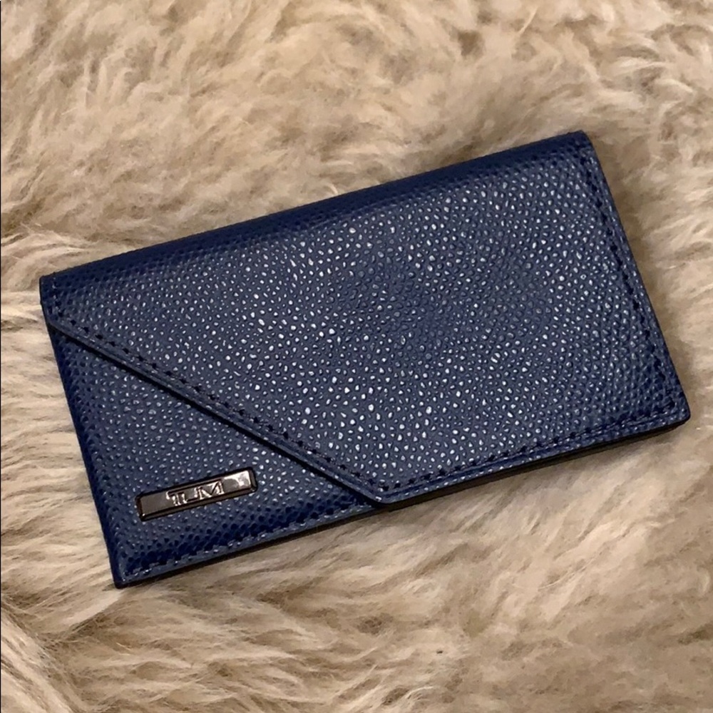 Tumi blue navy business card case leather new